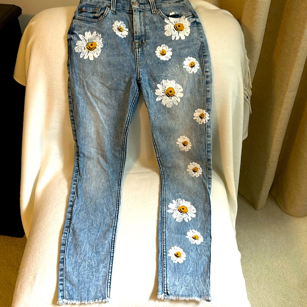 7 for All Mankind, high waisted stretch denim jean with daisy print